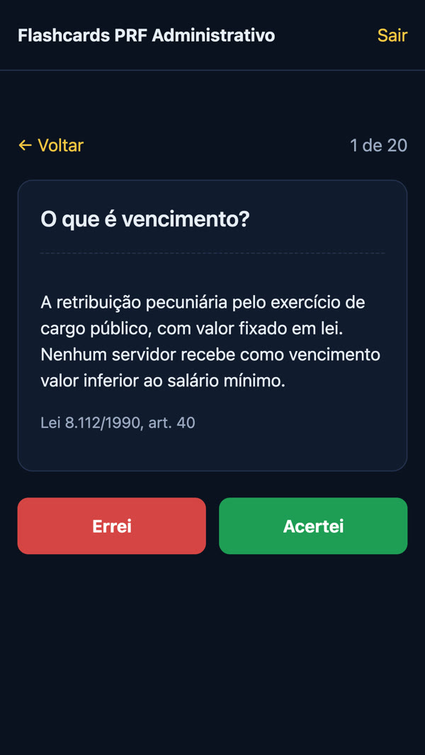 Card aberto com pergunta, resposta, artigo da lei e os botões Errei e Acertei