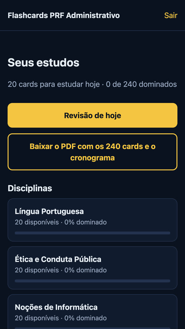 Tela inicial do site de estudo com a revisão de hoje e as disciplinas